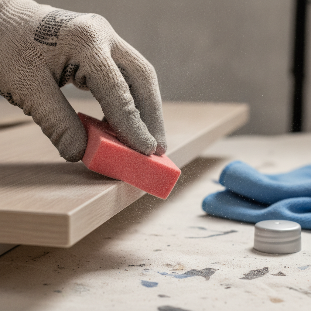 Close-up of scuff-sanding a laminate vanity door with 220-grit before painting