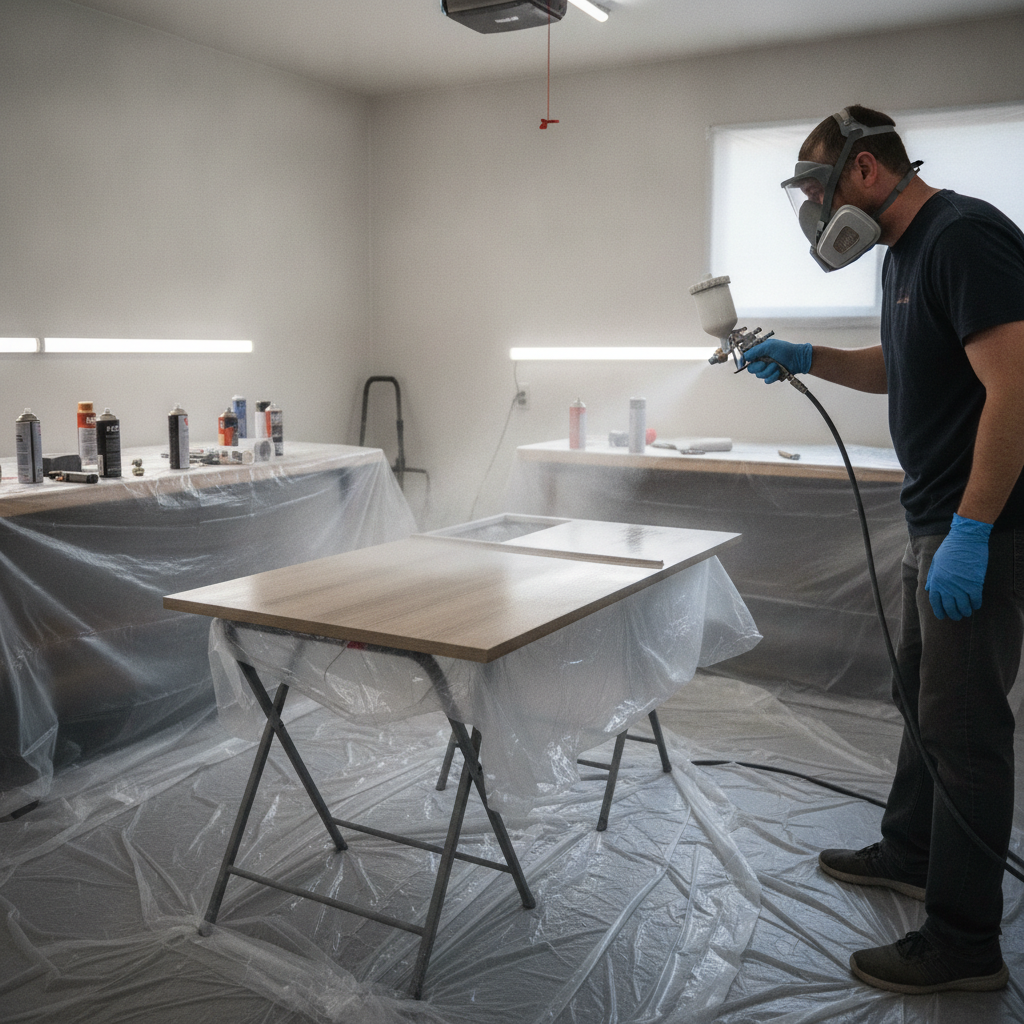 Spraying bonding primer on a laminate vanity door inside a ventilated setup