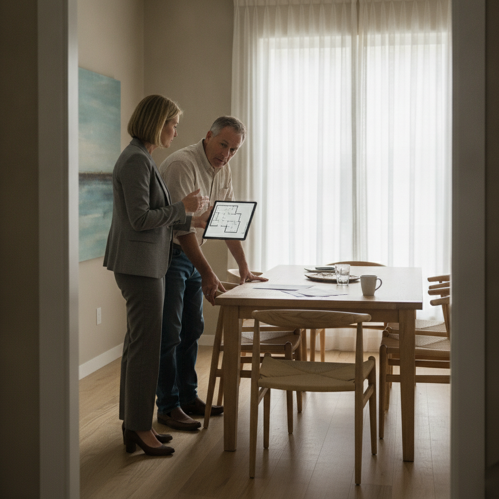 Real estate agent and homeowner meeting in a bright dining room to plan an as-is listing strategy in Mississauga