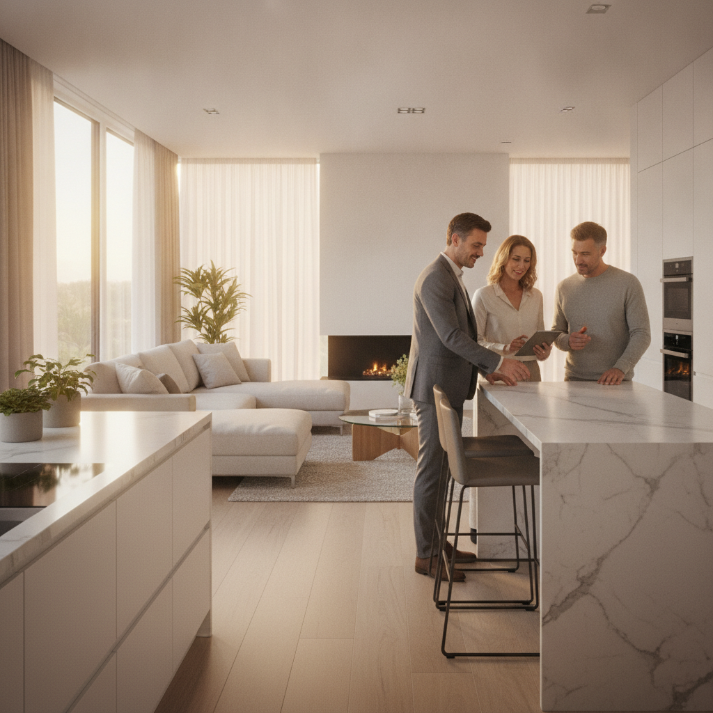 Home viewing with a small group touring a modern kitchen and living room, showing how to search homes and schedule tours efficiently