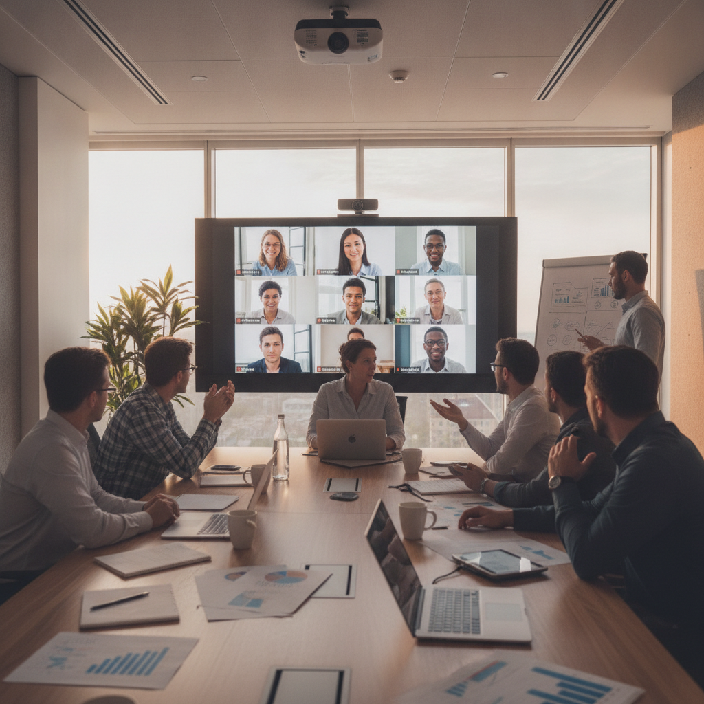 Hybrid corporate training session with in-room and remote participants collaborating for team certifications