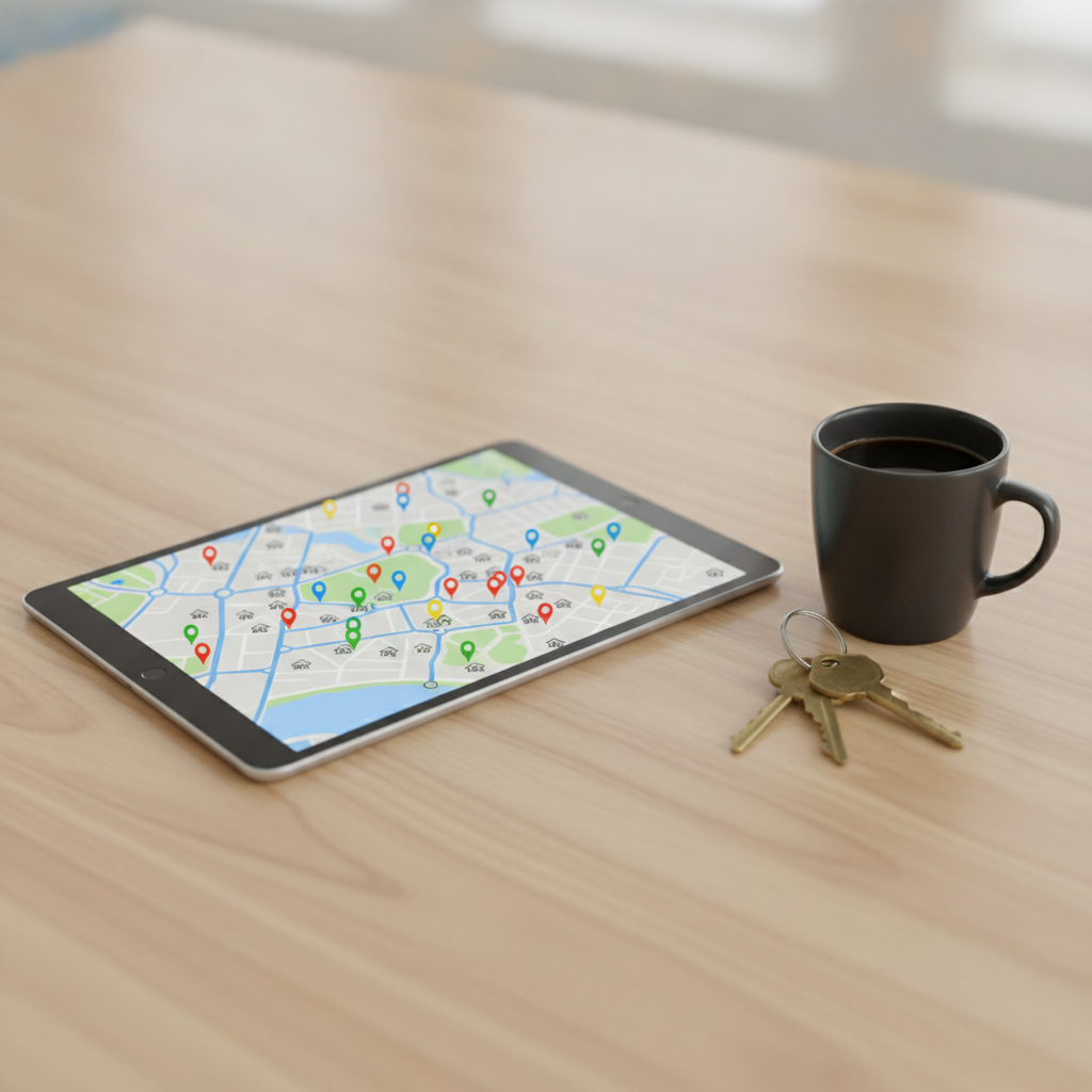 Close-up of home search tools on a tablet showing a real estate map with pins, ideal to search homes with filters and alerts