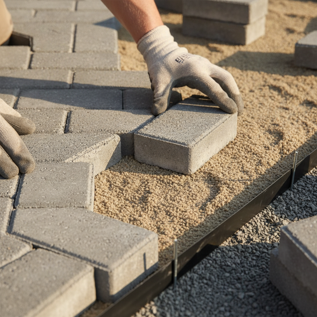 Close-up of herringbone walkway pavers being installed with bedding sand, edge restraint, and polymeric sand joints in a Mississauga project