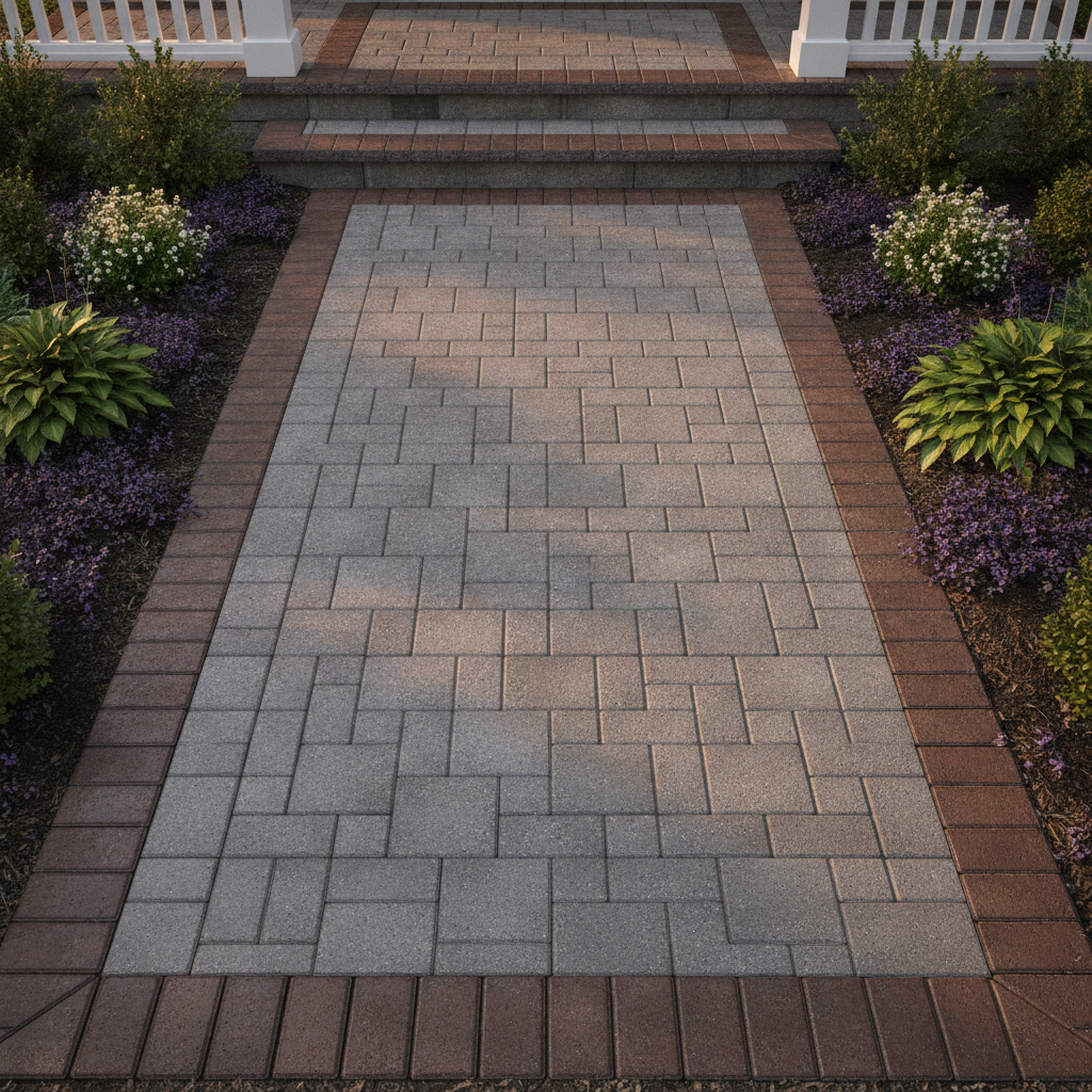Top-down view of a modular paver walkway with a contrasting soldier-course border and clean garden bed edges near a Mississauga front entry