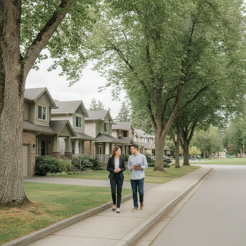 Realtor and client walking a quiet, tree-lined Surrey street near a neighborhood park, illustrating fast previews for new listings