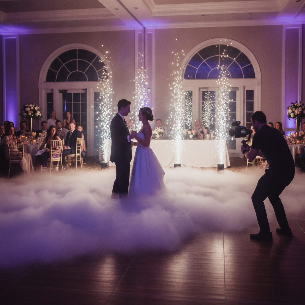 First dance videography with cold sparkler fountains and dry ice cloud for cinematic wedding shot