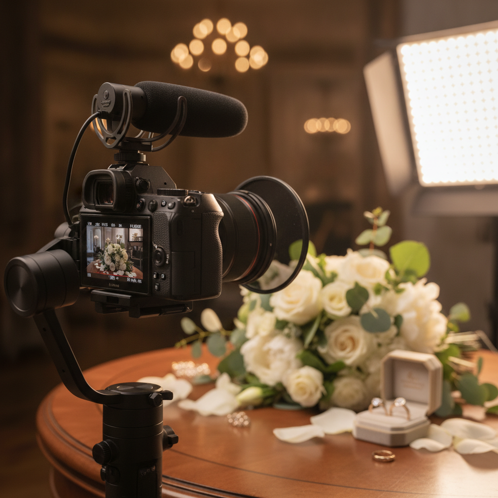 Close-up of professional wedding videography camera on gimbal capturing bridal details for Oakville wedding