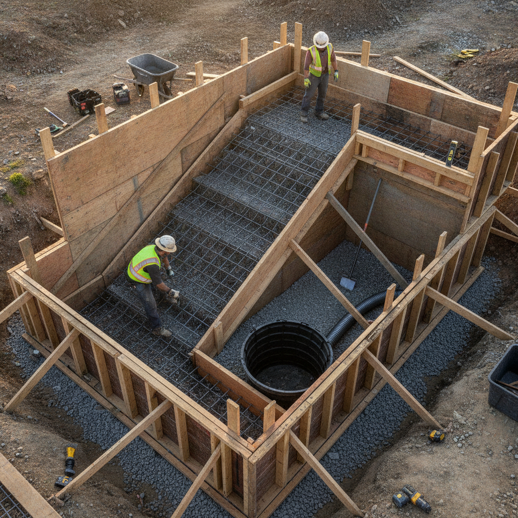 Contractors forming and reinforcing a concrete basement walkout stairwell with rebar, gravel base, and drain line—Edmonton jobsite scene