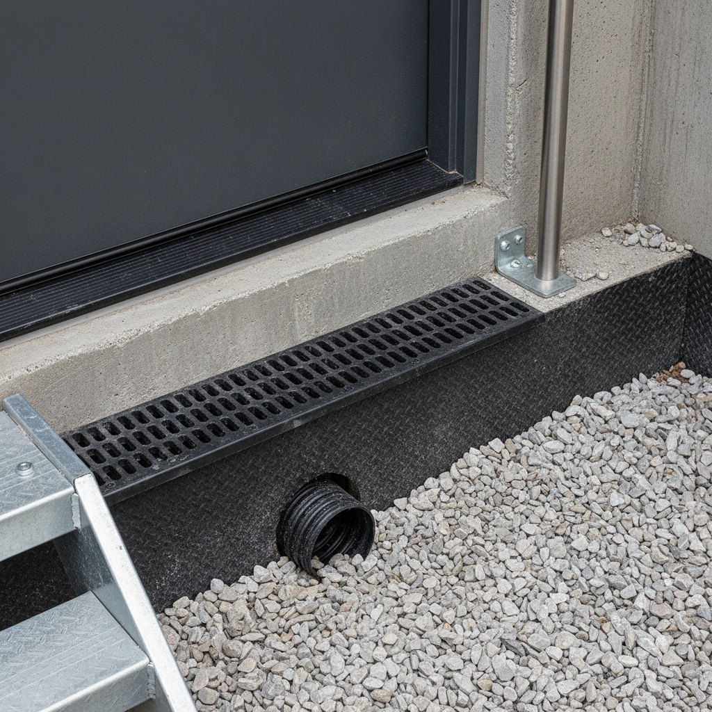 Close-up basement walkout threshold showing drain grate, waterproof membrane, and door sill—critical details for dry, safe basement walkouts in The Meadows