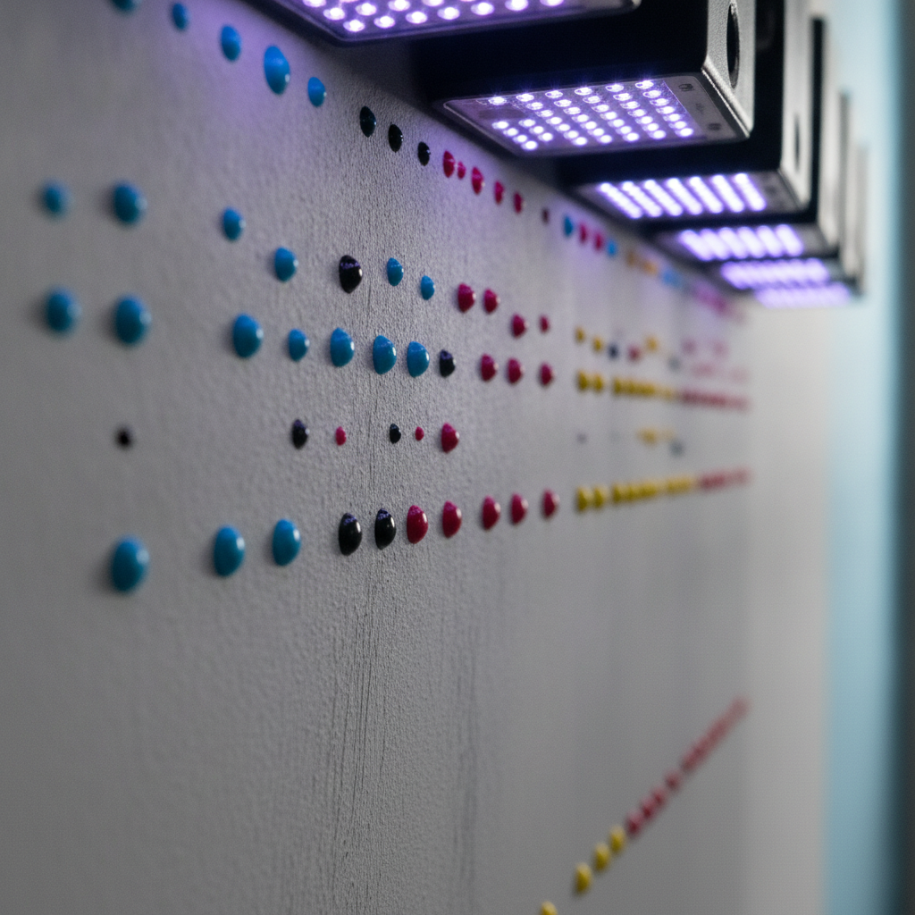 Close-up of UV print heads curing ink directly on an interior wall for a personalized wall mural, showing crisp dots and texture detail
