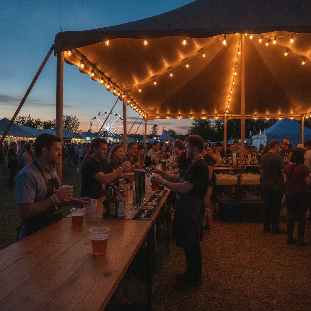 Outdoor beverage tent at dusk with wristbanded patrons, showing responsible service steps for a liquor license special event in Canada