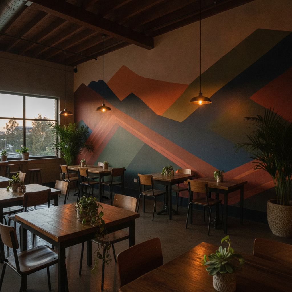 Branded restaurant feature wall mural produced with direct-to-wall UV printing, showing rich colors and soft evening lighting in a modern dining space