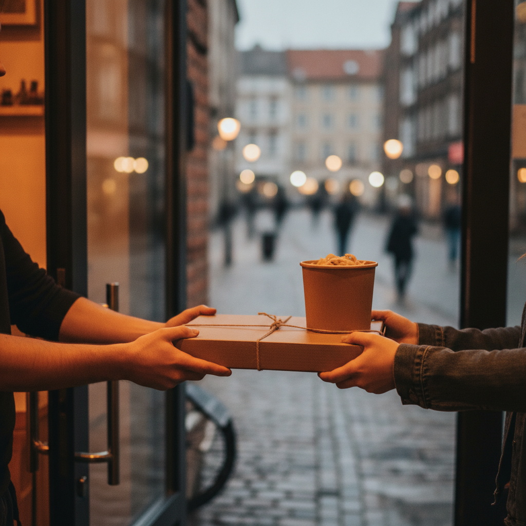 Italian takeout in eco-friendly packaging being handed to a guest in Baranow, highlighting convenient online ordering for pizza and pasta