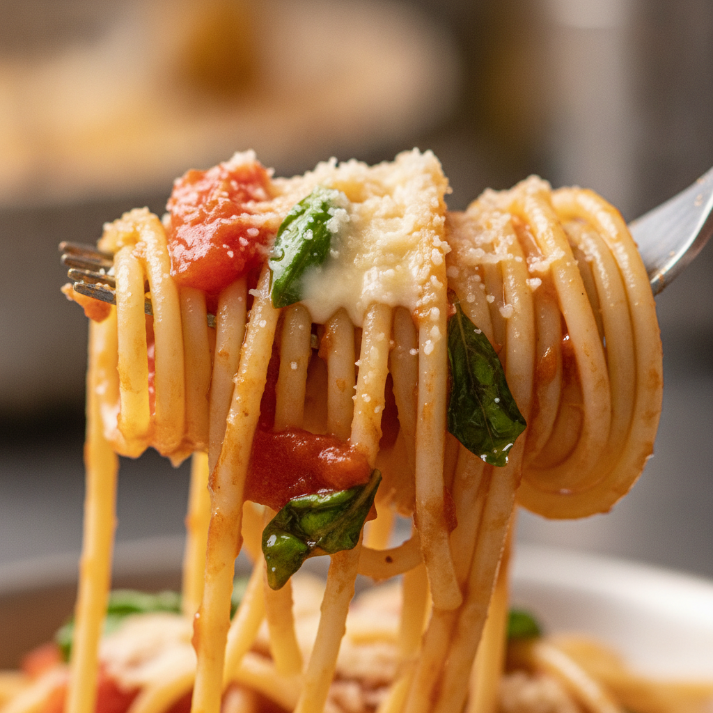 Close-up of fresh spaghetti twirled in tomato-basil sauce showing authentic Italian cuisine texture, sheen, and basil leaves