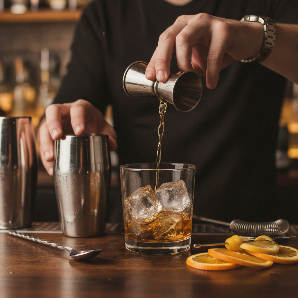 Close-up of bartender measuring hard liquor with a jigger over ice, illustrating responsible pours for a liquor license special event