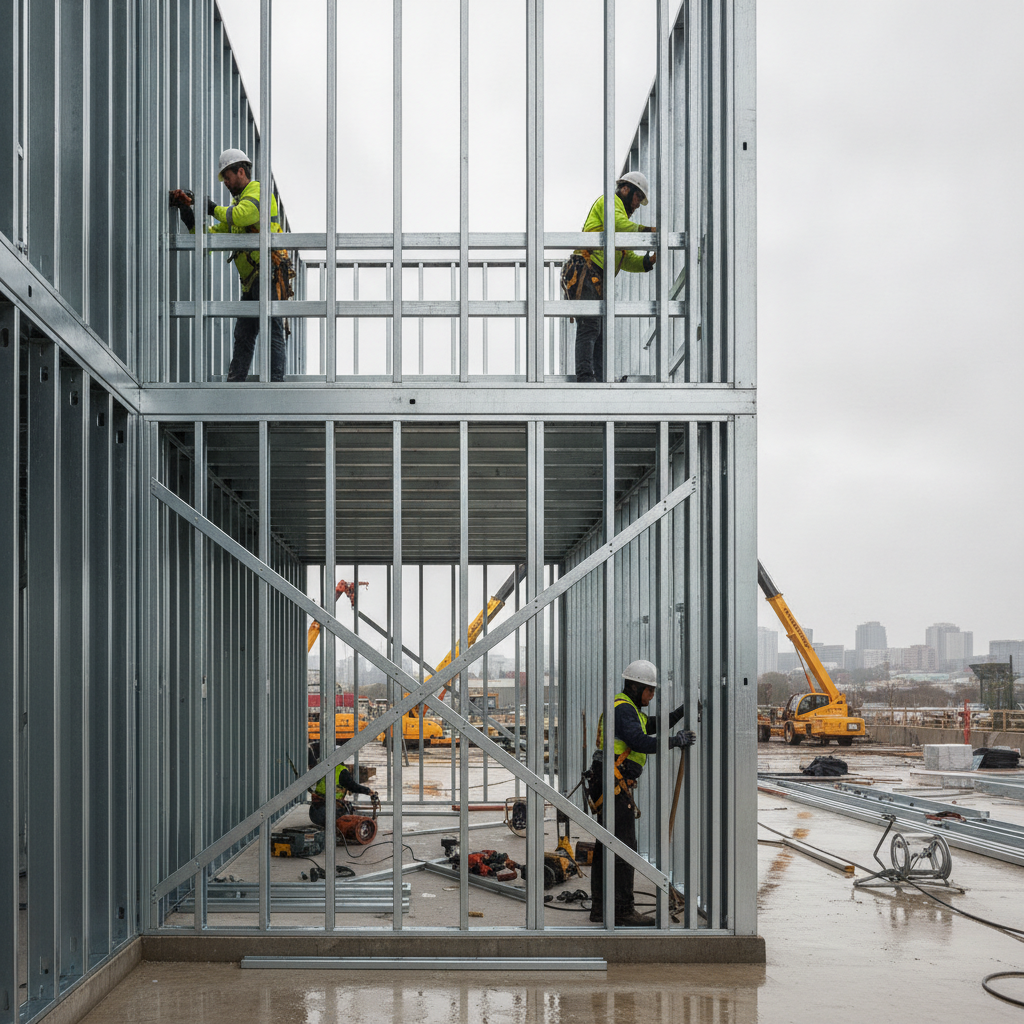 Exterior cold-formed steel wall framing with bridging channel and windbrace installed on a multi-story structure