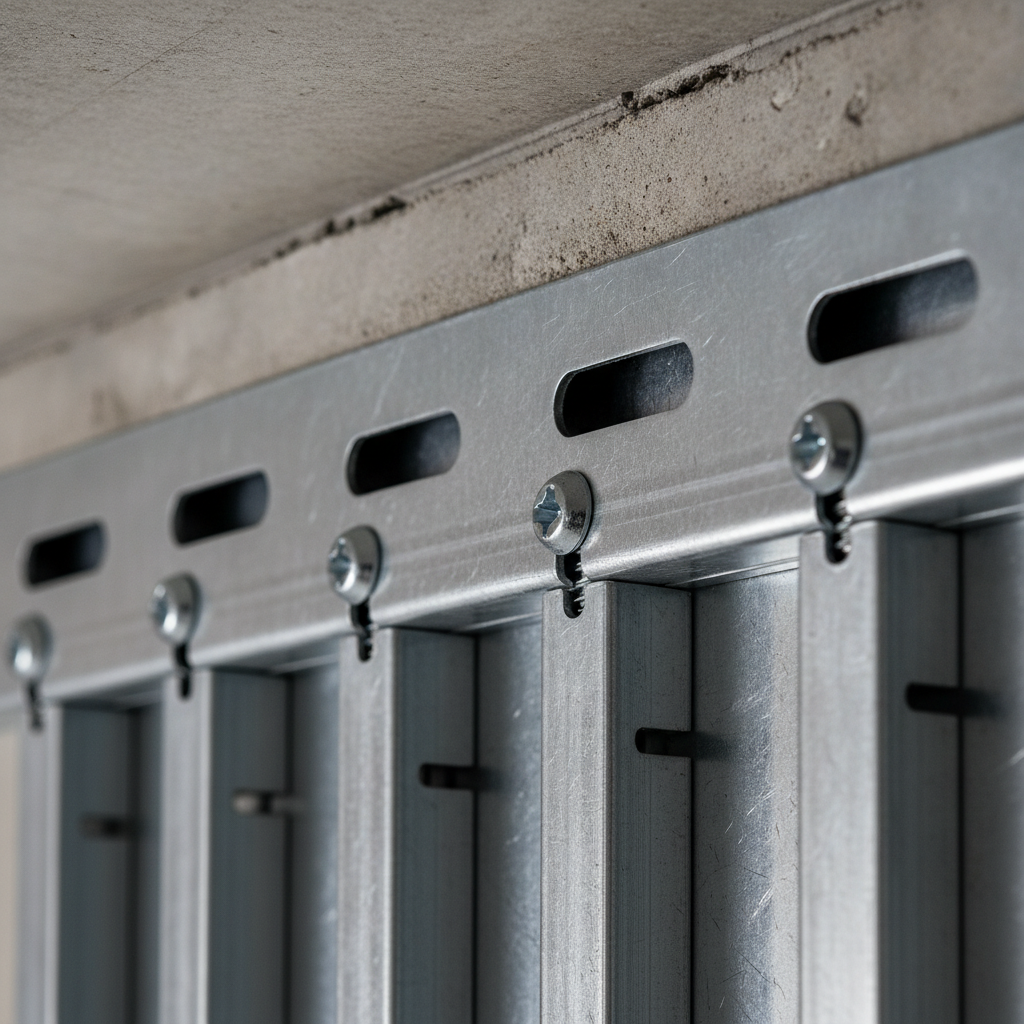 Close-up of slotted deflection track and steel studs controlling head-of-wall movement in a structural framing system