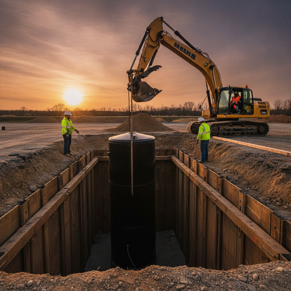 Underground fuel storage tanks being set in a shored pit during land construction for a Texas gas station