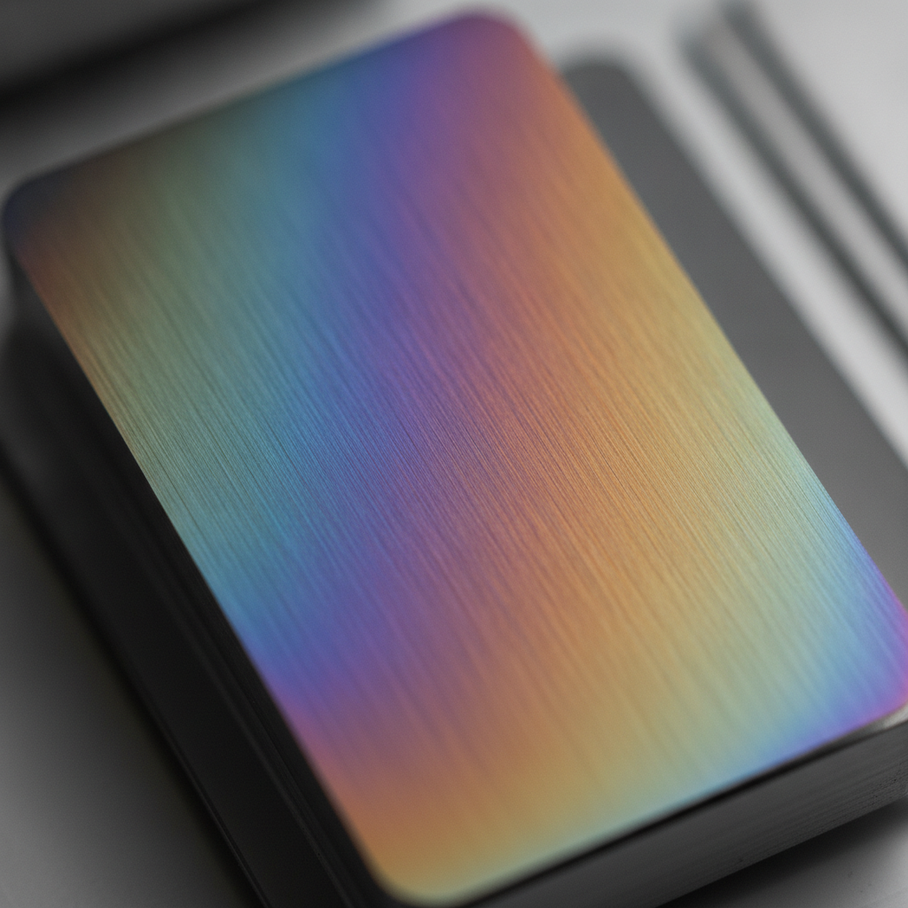 Macro close-up of PVD-coated stainless steel coupon showing interference colors and fine brushed grain texture for thin-film quality control