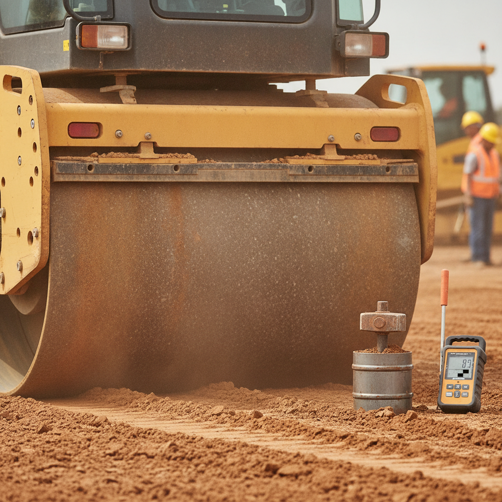 Close-up of soil compaction testing and vibratory roller during land construction site preparation in Texas