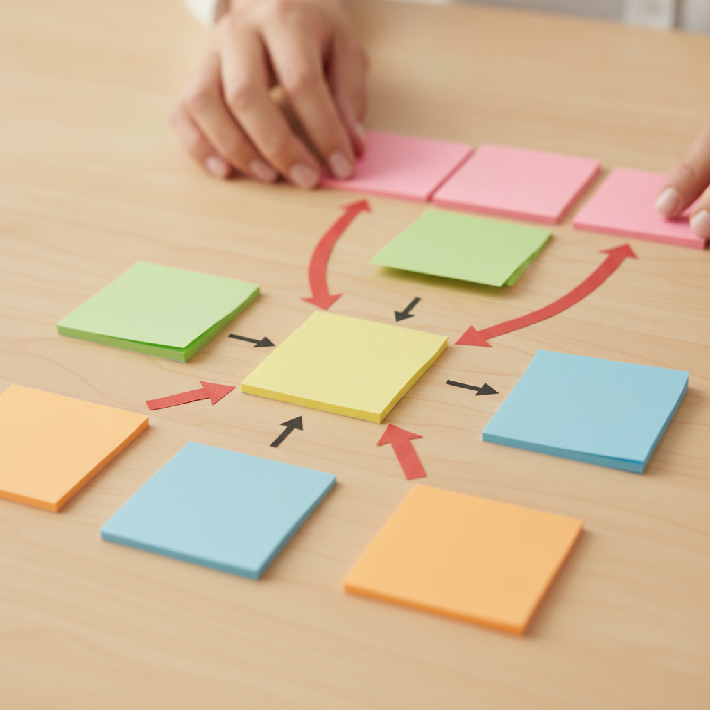 Close-up visual concept of automated keyword clustering and prioritization using color-coded notes