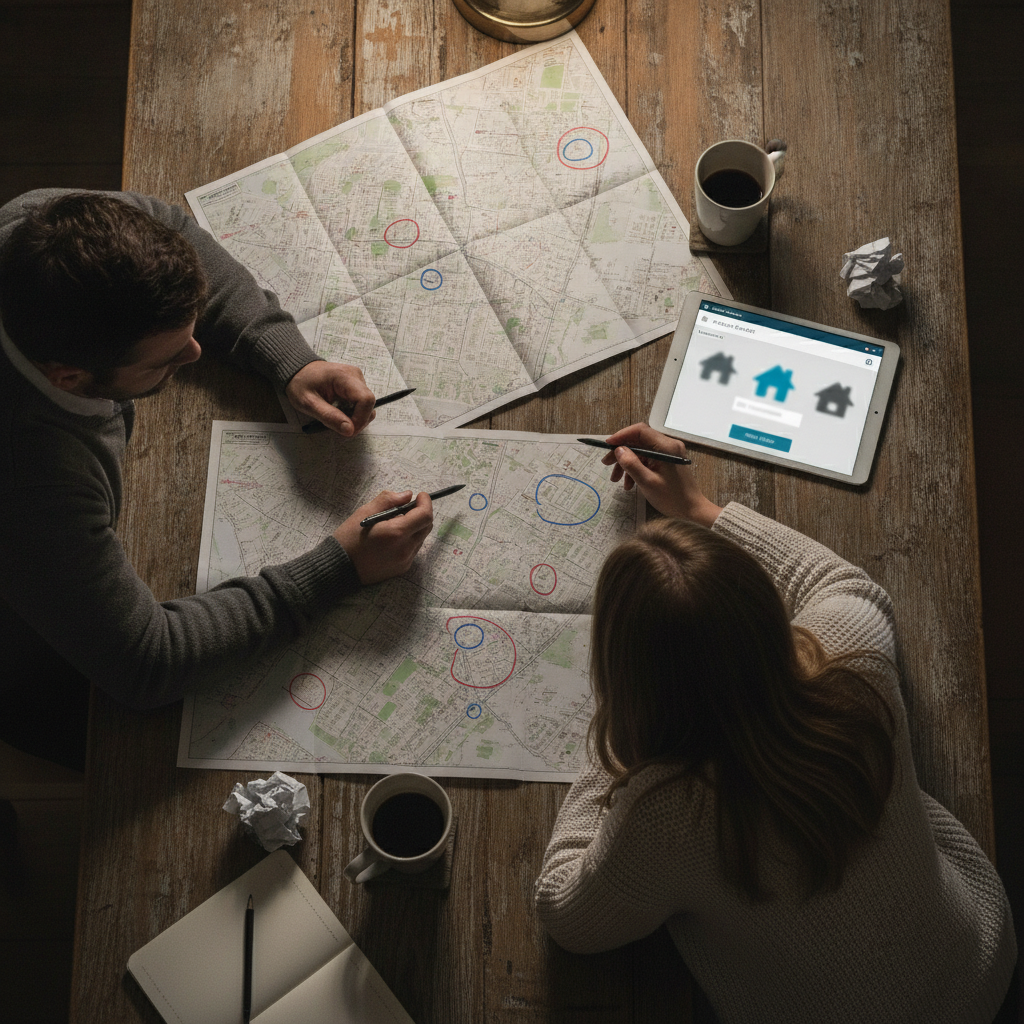 Top-down view of a couple planning their Brampton home purchase timing with maps and a tablet property search