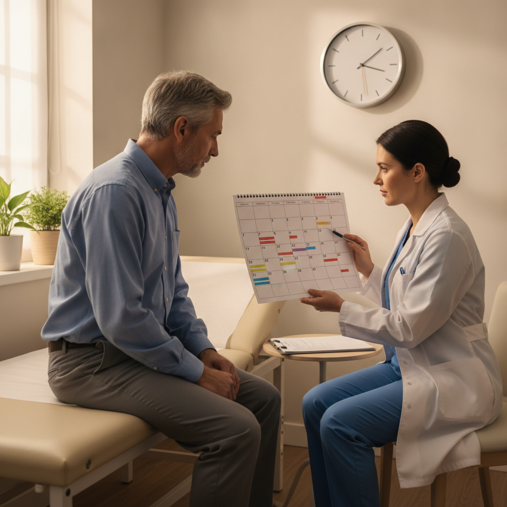 Patient in Ontario discussing a monthly Sublocade treatment calendar with a clinician to plan injections and follow-ups