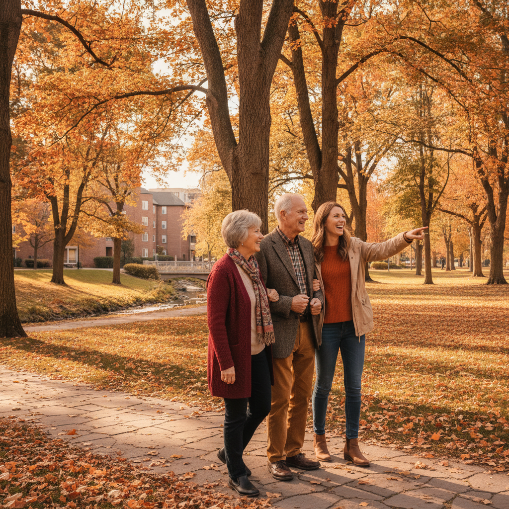 Parents and adult child walking in an Ontario park, representing family time protected by Super Visa health insurance coverage