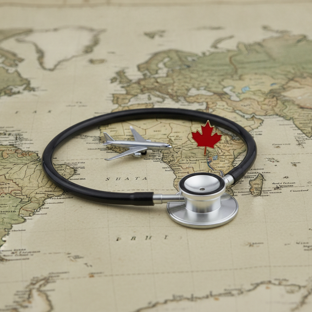Close-up of travel medical concept with stethoscope, maple leaf, and airplane symbolizing health insurance for Super Visa Canada