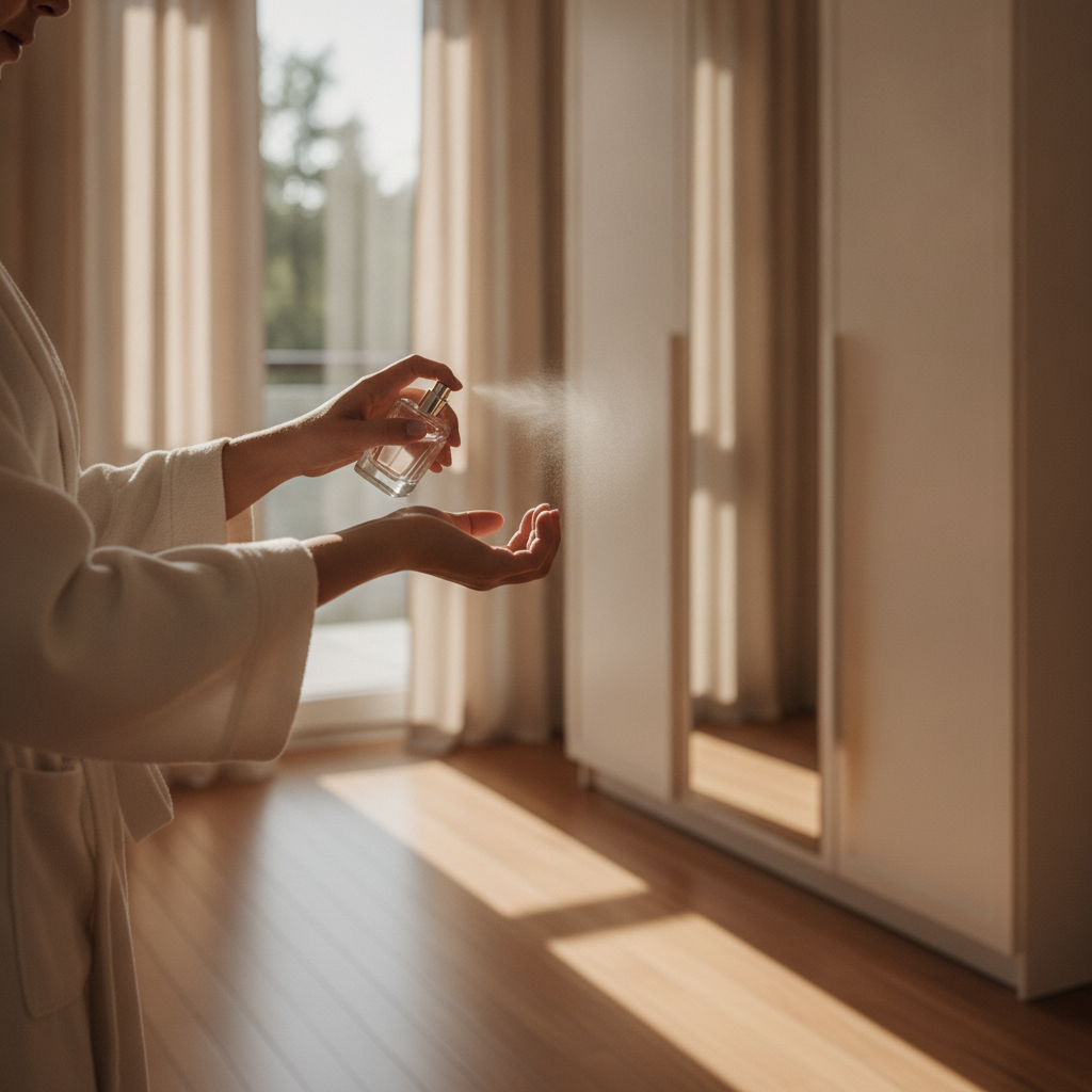 Applying a luxury perfume to wrist pulse points for balanced projection and elegant sillage