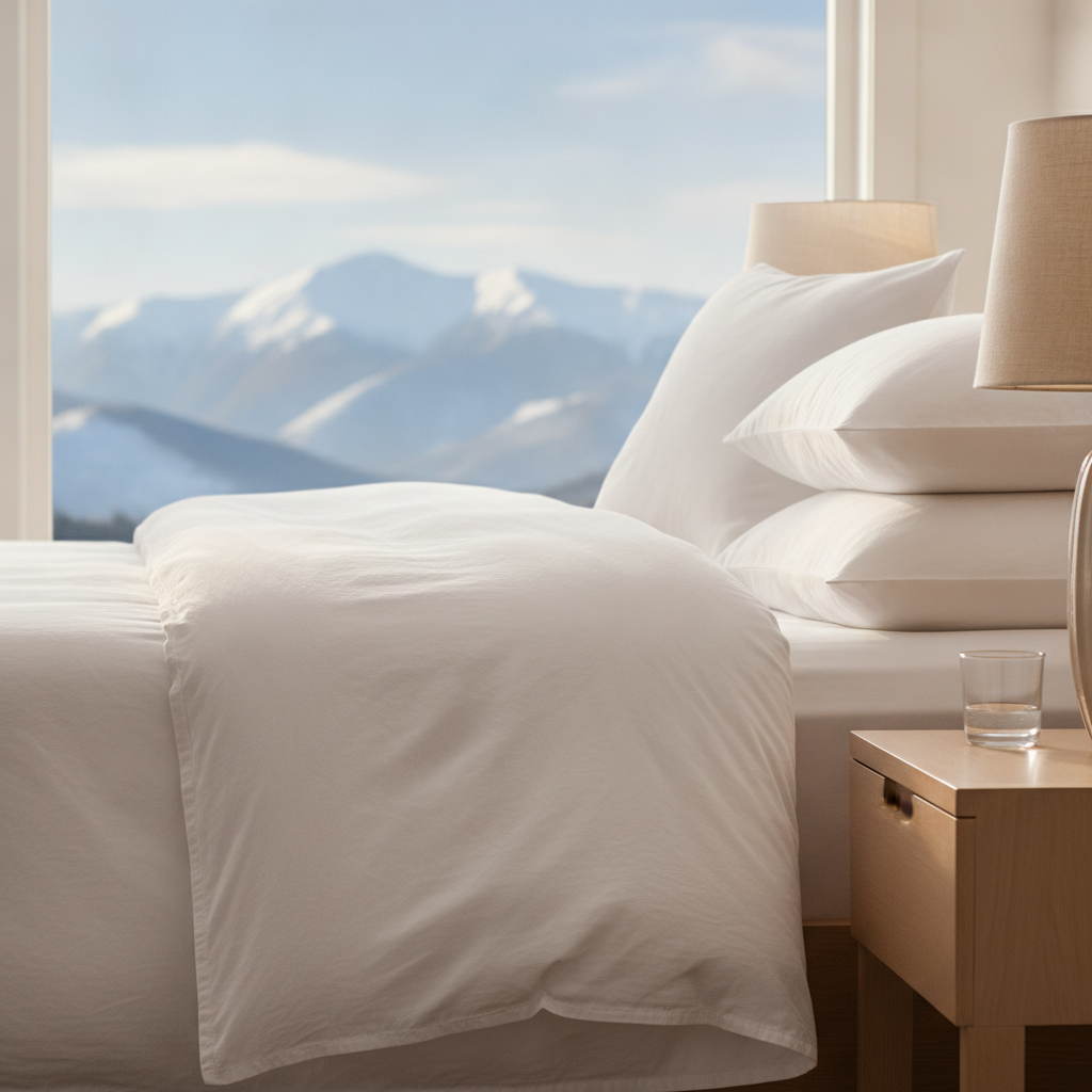 Renovated North Conway motel room amenities with plush bedding and mountain view window