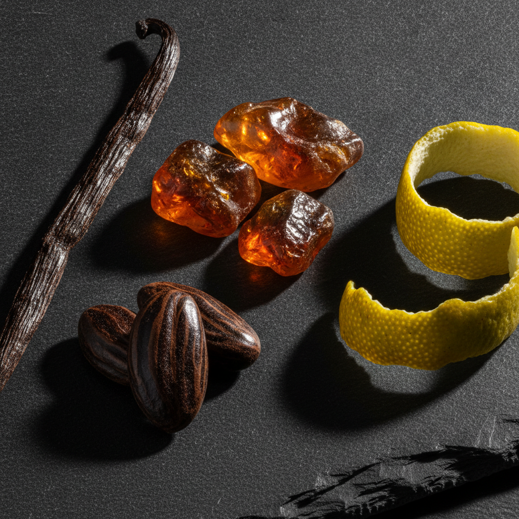 Close-up of premium perfume ingredients like vanilla, tonka, amber, and bergamot illustrating luxury perfume craftsmanship