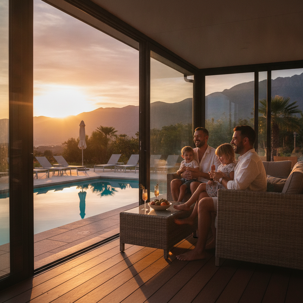 Family on enclosed porch at a North Conway motel overlooking a heated pool at sunset