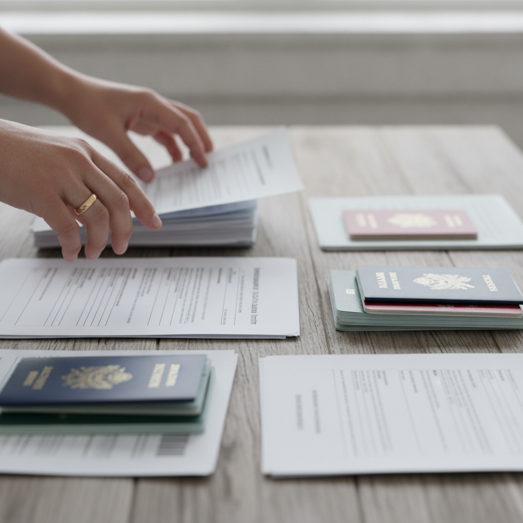 Close-up of hands organizing spousal sponsorship documents and passports, illustrating how an immigration lawyer for spousal sponsorship prepares evidence
