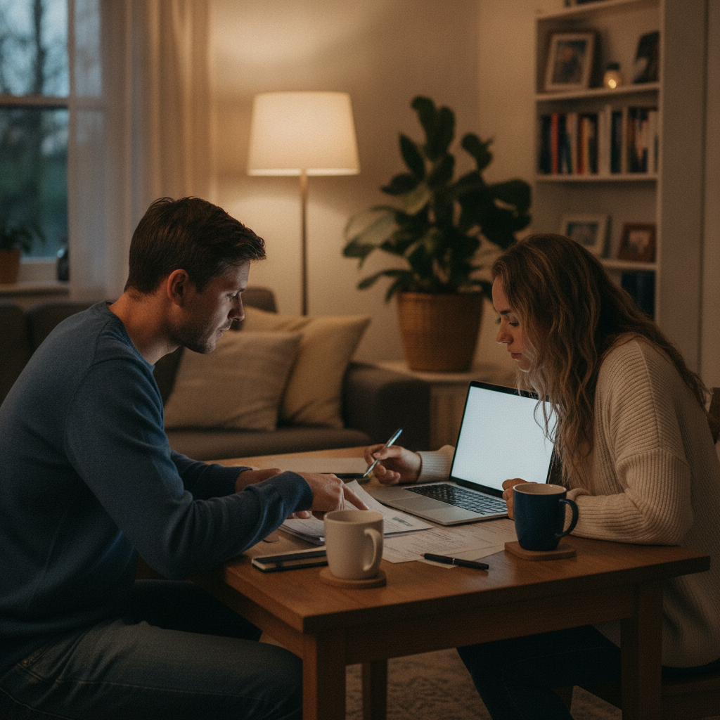 Couple reviewing spousal sponsorship paperwork at home in Ontario with laptop and coffee, guided by an immigration lawyer for spousal sponsorship