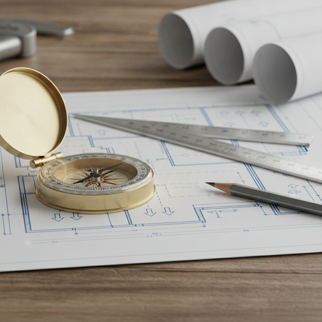 Close-up compass and warehouse floor plan for Vaastu mapping of receiving, storage, and shipping zones
