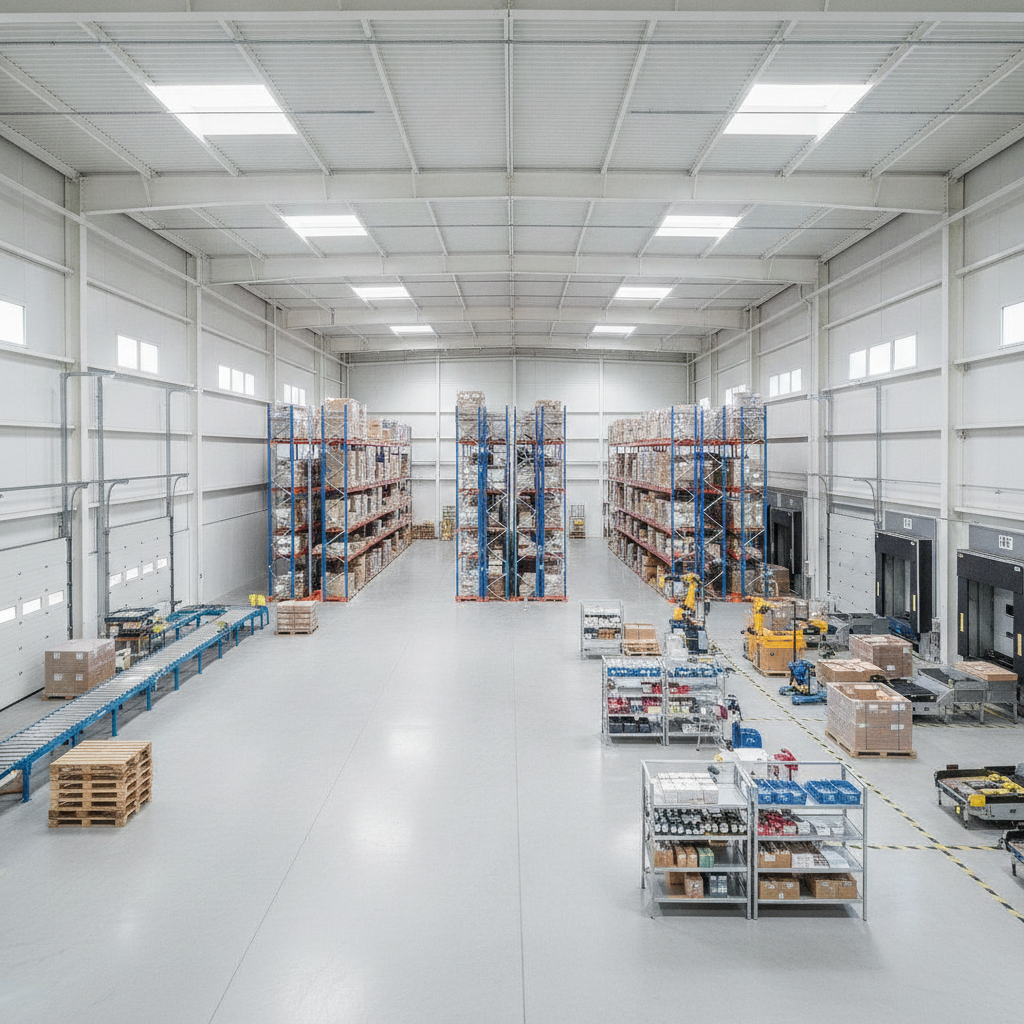 Featured image: modern warehouse overview aligned to Vaastu flow with clear receiving, storage, and shipping zones