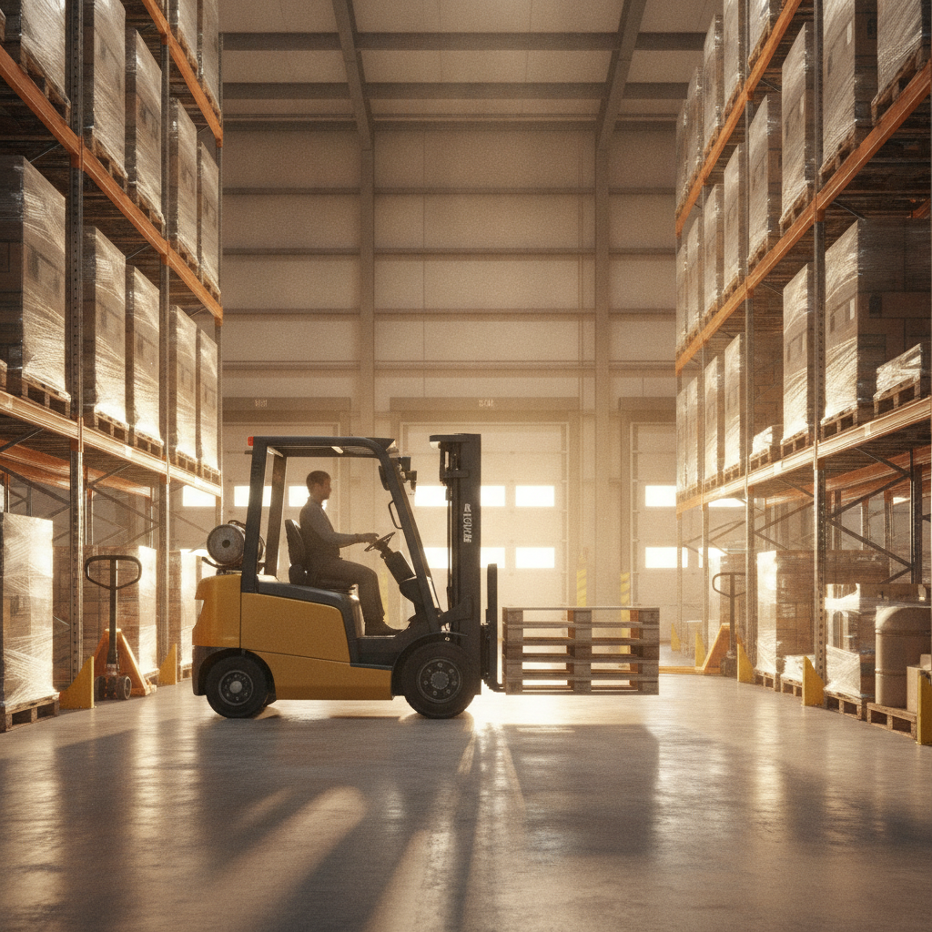 Forklift moving through a wide, well-lit warehouse aisle aligned to Vaastu best practices for safe flow