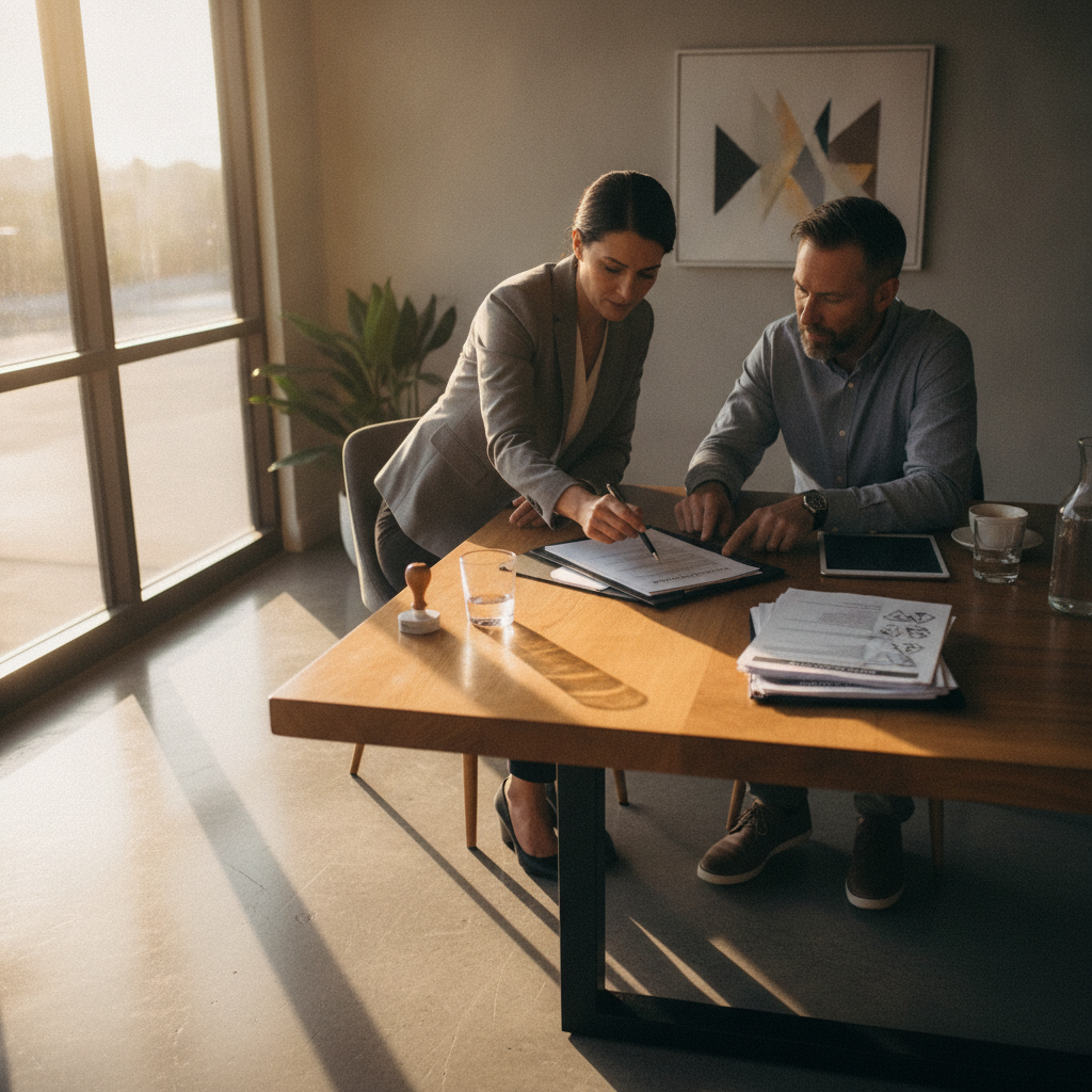 Client and lawyer reviewing attestation paperwork in an Etobicoke meeting room