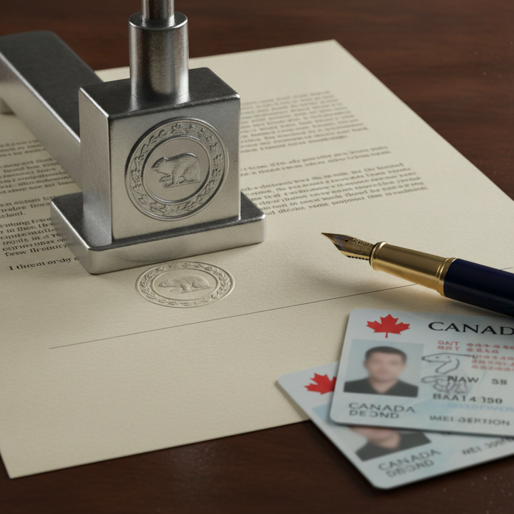 Close-up of a notary embosser certifying a document for lawyer attestation in Etobicoke