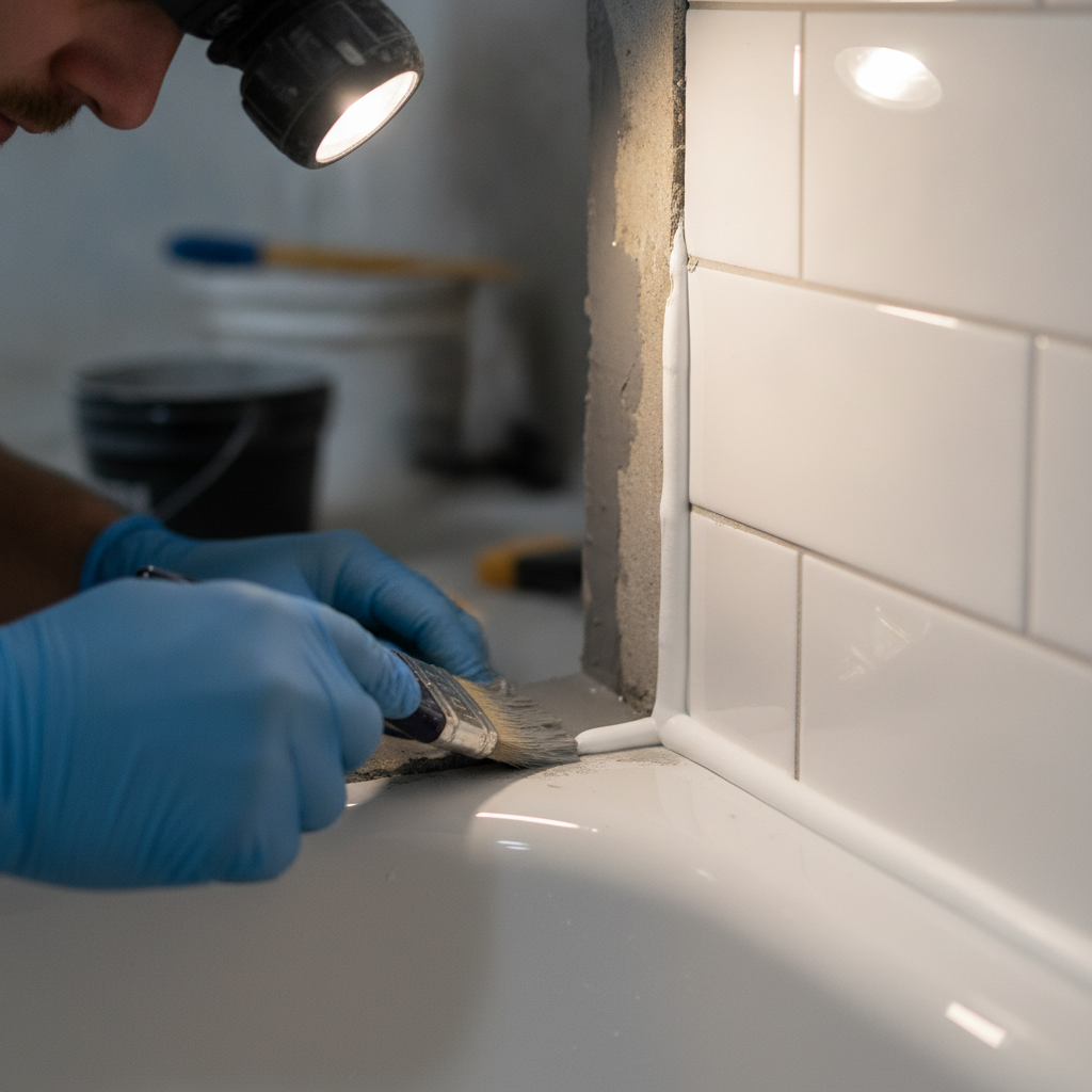 Detail of waterproofing and caulk at tub-to-tile joint for bathroom upgrade priorities for rentals