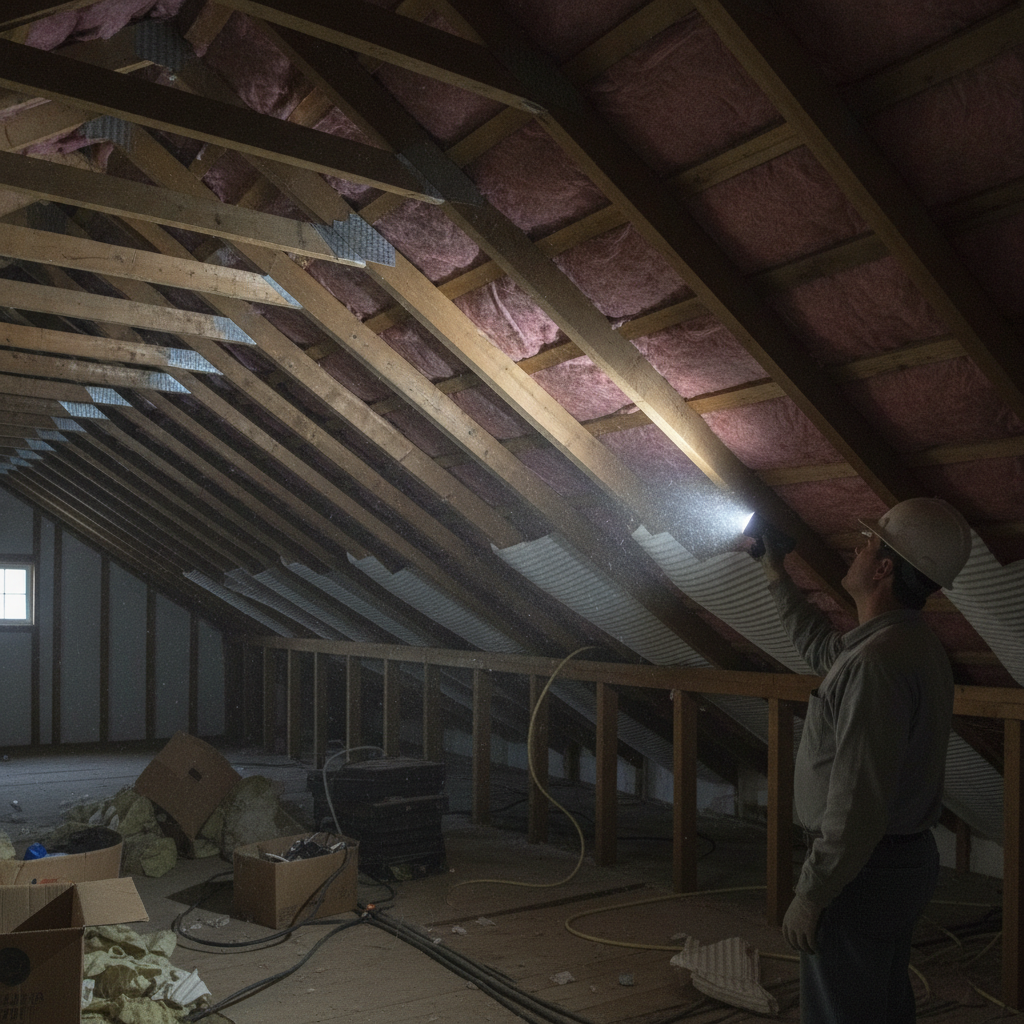 Attic inspection during a house purchase inspection showing insulation, rafters, and ventilation baffles