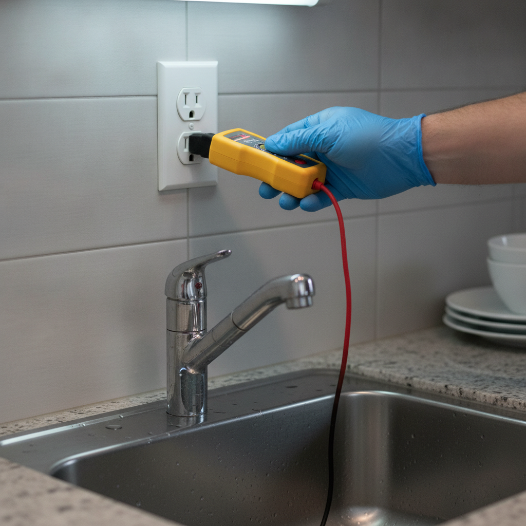 Close-up GFCI outlet testing during house purchase inspection near a kitchen sink