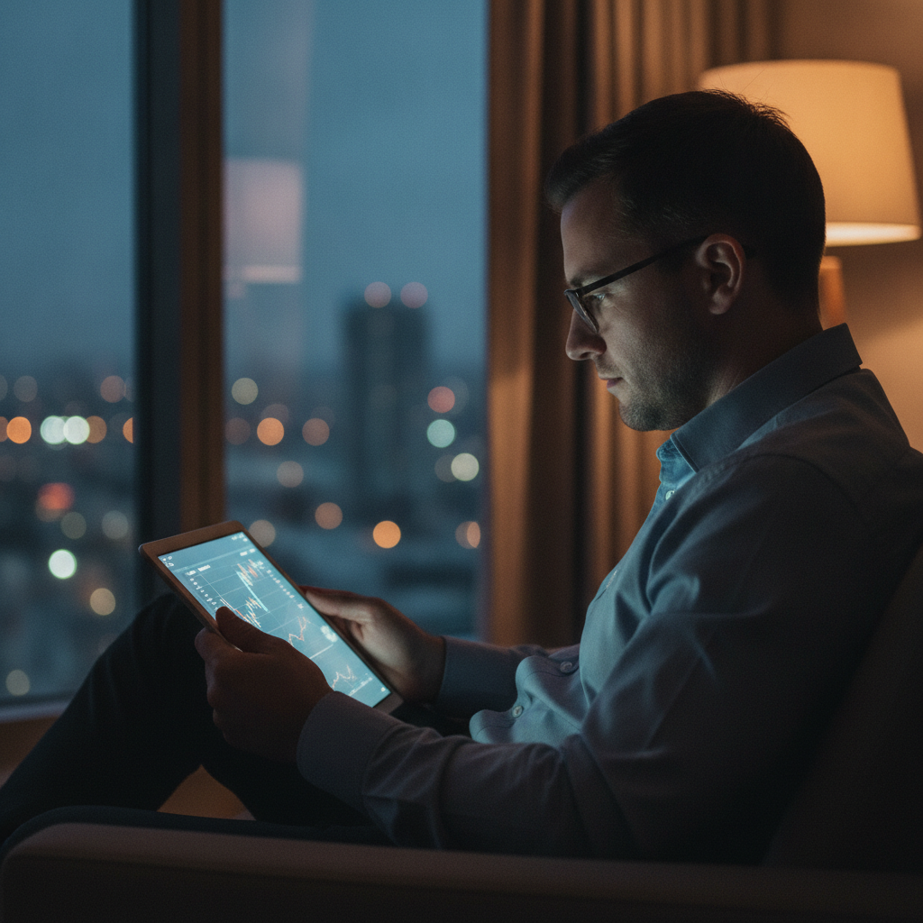 Trader reviewing markets at dusk while planning today’s trading signals and risk