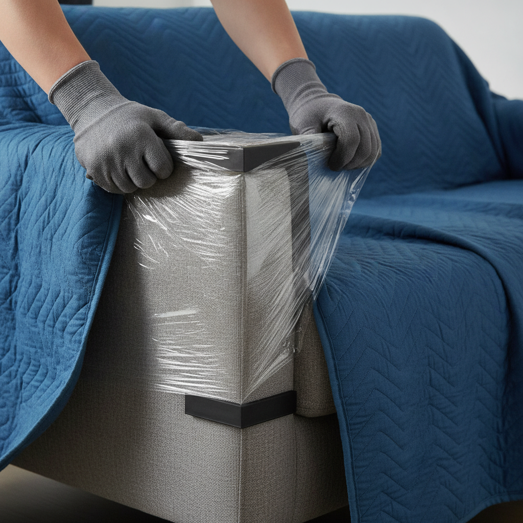 Detail shot of professional packers wrapping a sofa with moving blankets and stretch wrap for an accurate moving estimate