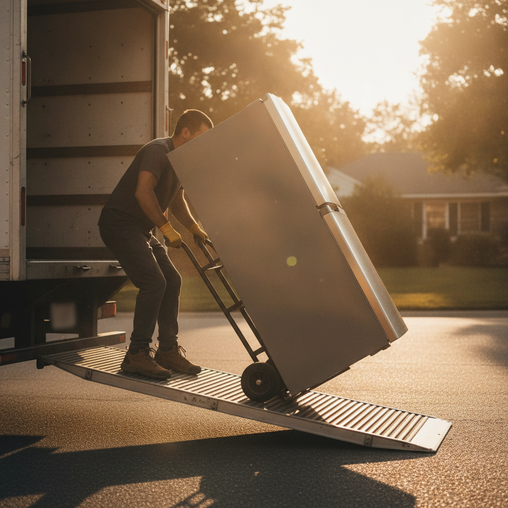 Side-angle scene of movers using a hand truck to move a stainless refrigerator safely for specialty item moving