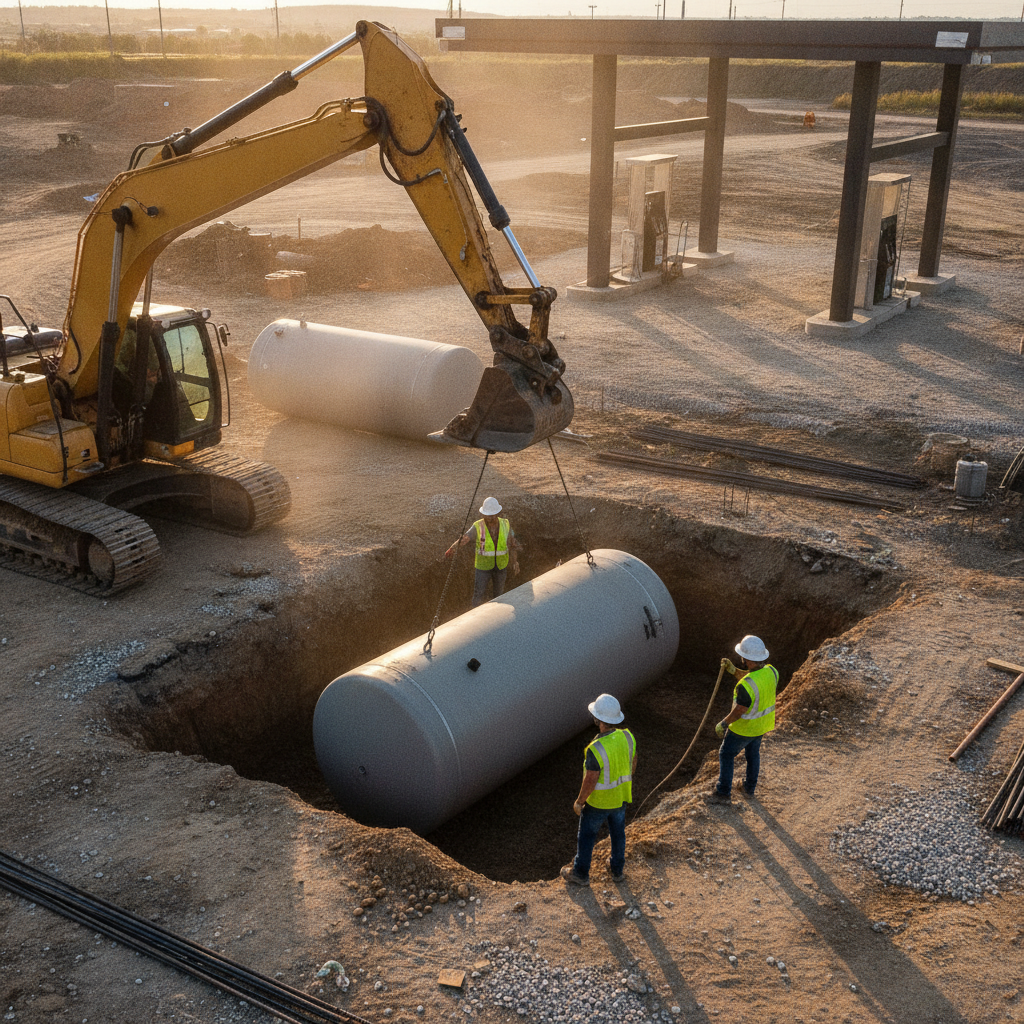 Underground fuel tanks being installed with documented QA checks during gas station construction in Texas