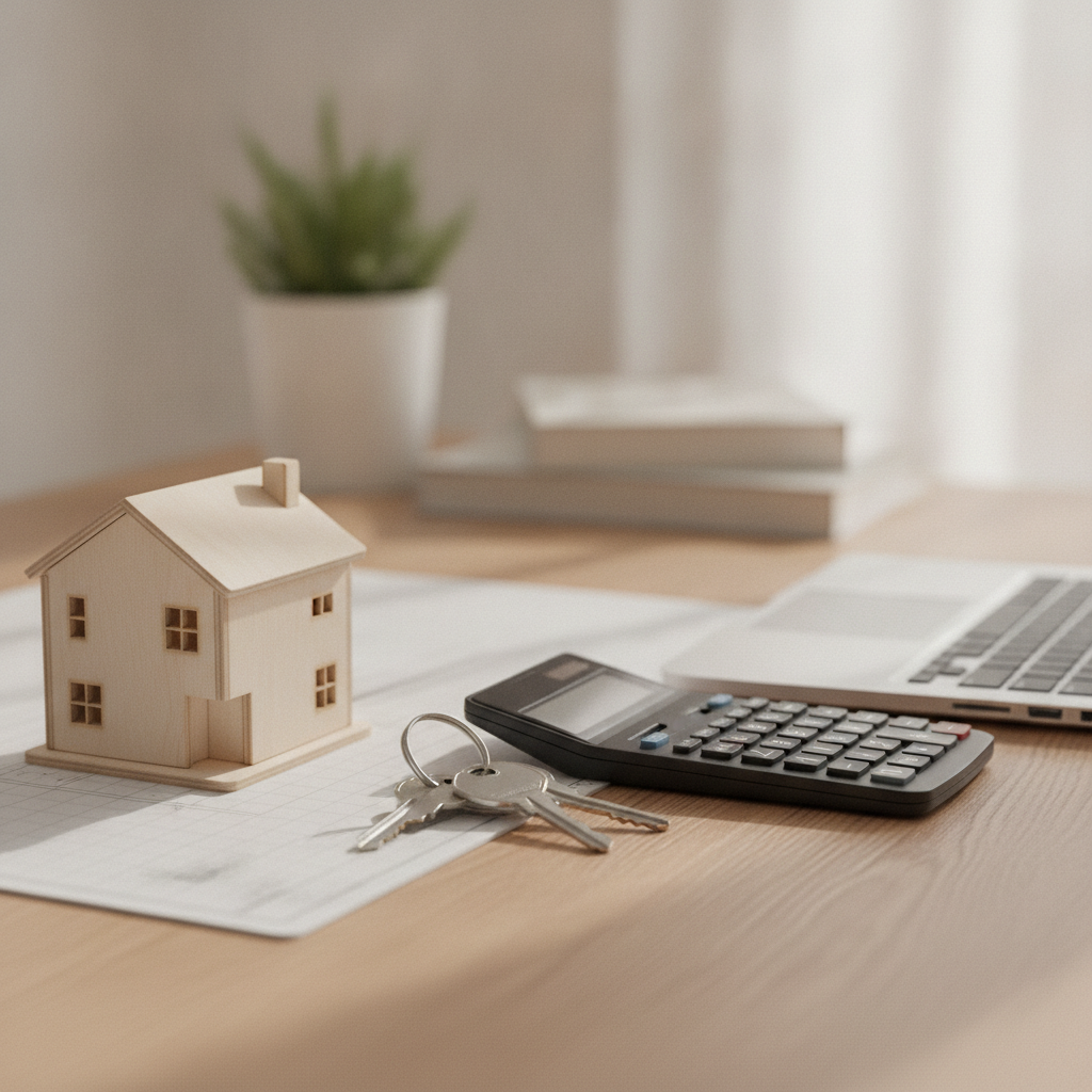 Close-up of model house, keys, and calculator representing a free home value calculator workflow in Mississauga