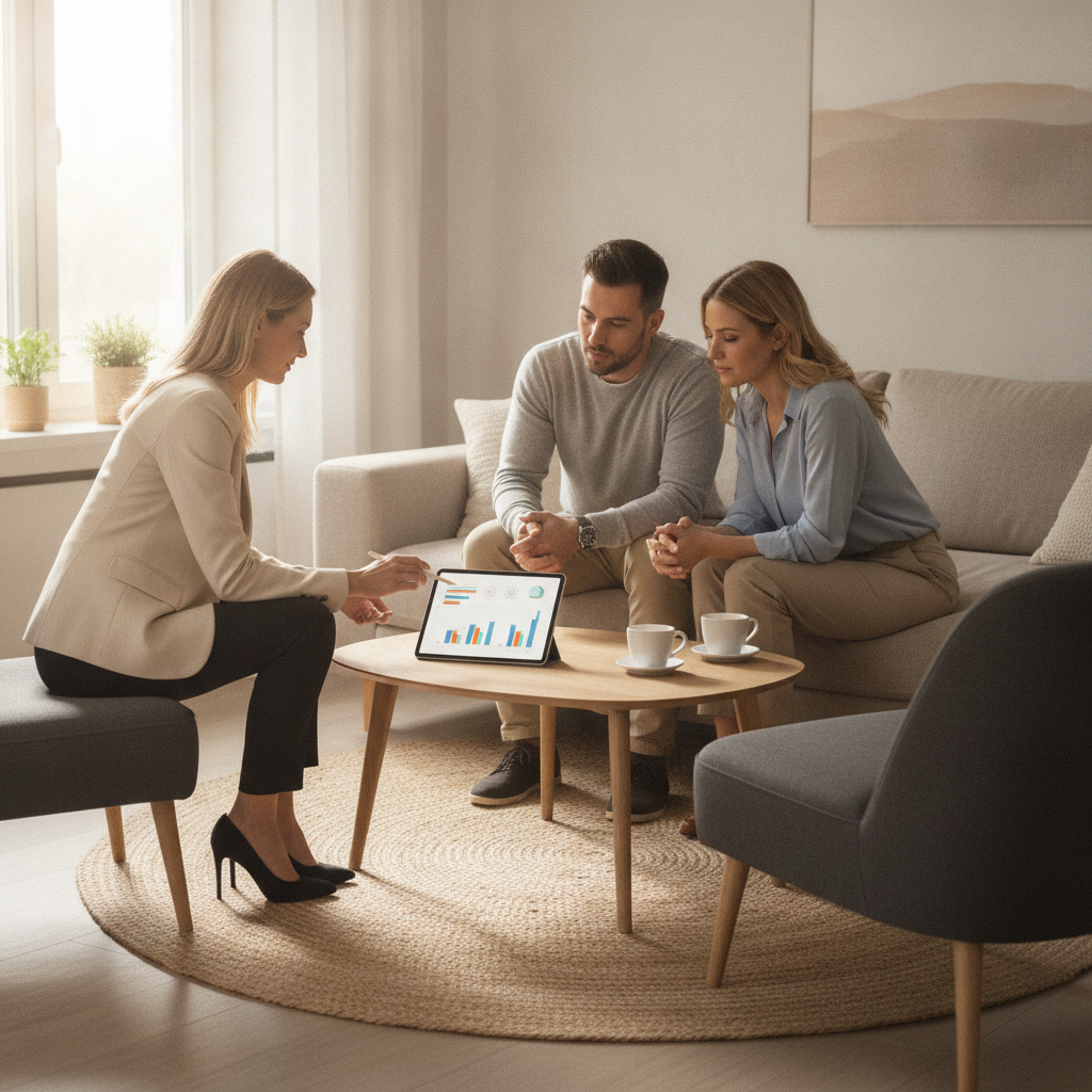 Real estate agent from Malika Homes reviewing a CMA with homeowners in a bright Mississauga living room
