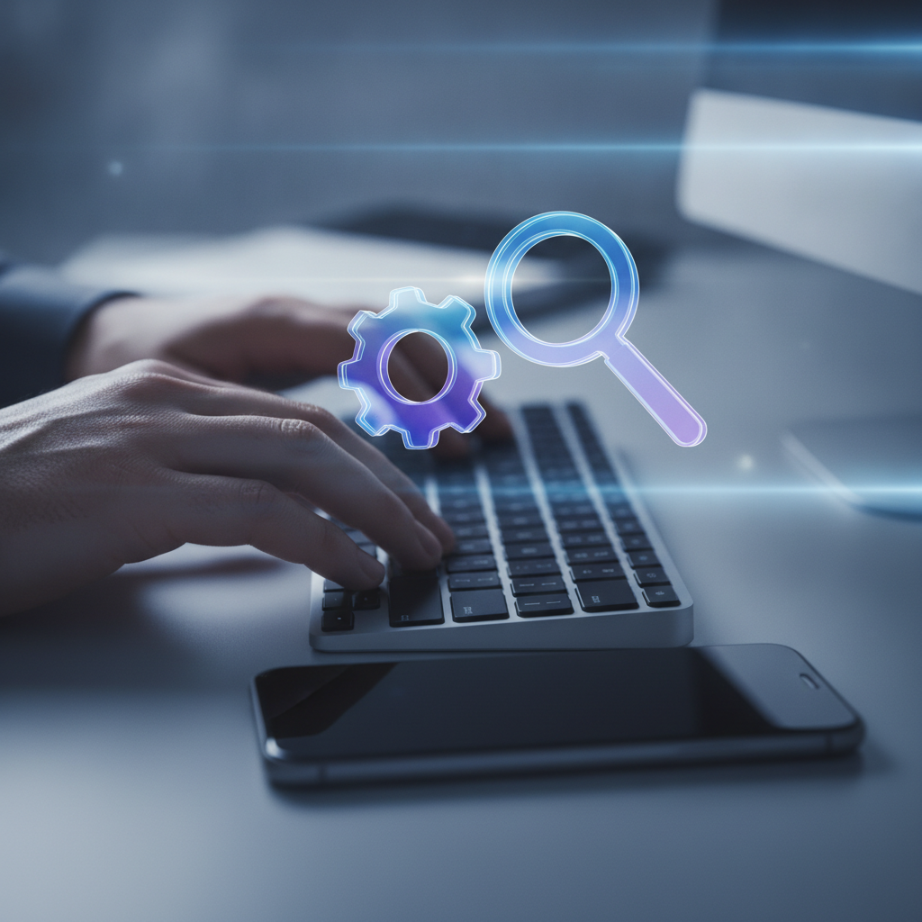 Close-up of SEO automation workflow represented by hands on keyboard with abstract gear and magnifying-glass icons